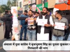 अंबाला में युवा कांग्रेस ने बृजभूषण सिंह का पुतला फूंककर की गिरफ्तारी की मांग