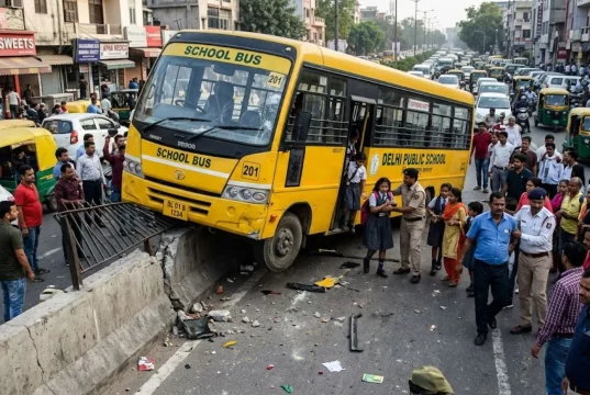 गुरुग्राम में स्कूल बस डिवाइडर पर चढ़ी, नशे में ड्राइविंग के आरोप के बाद चालक फरार